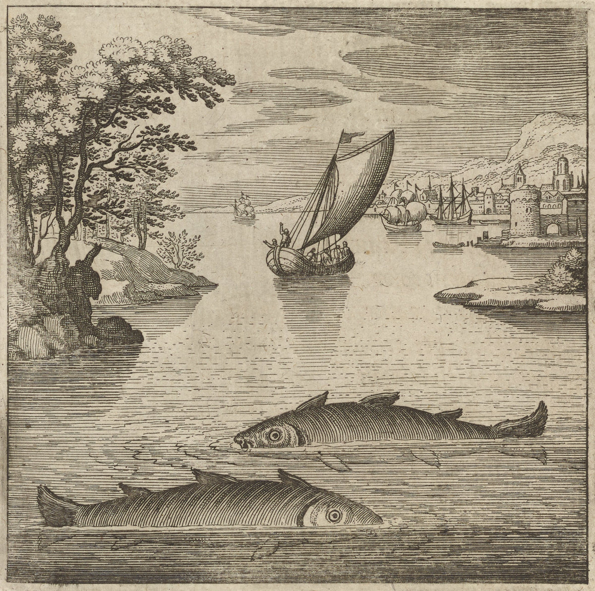 Lambsprinck, De Lapide Philosophico: Figure 1, the Two Fishes in the Sea by Matthäus Merian — Two great fish swim the surface of a harbour as a sailboat passes