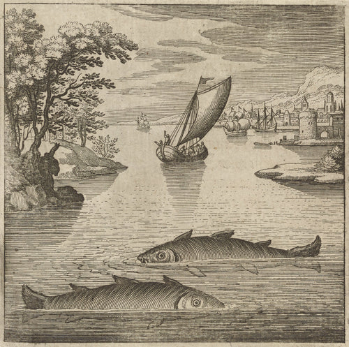 Lambsprinck, De Lapide Philosophico: Figure 1, the Two Fishes in the Sea by Matthäus Merian — Two great fish swim the surface of a harbour as a sailboat passes