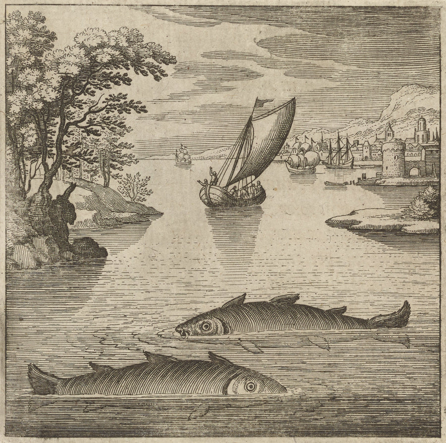 Matthäus Merian — Lambsprinck, De Lapide Philosophico: Figure 1, the Two Fishes in the Sea | Alchemical Engraving Print shown to scale on a wall above a sofa