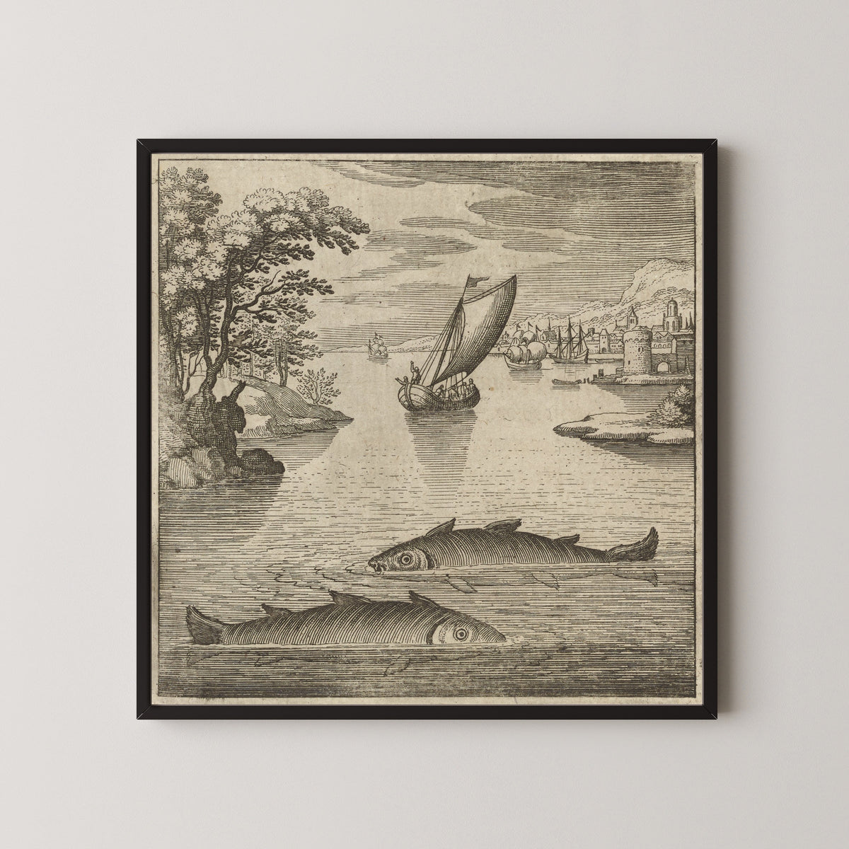 Framed art print of Lambsprinck, De Lapide Philosophico: Figure 1, the Two Fishes in the Sea by Matthäus Merian, in a black frame on a pale wall