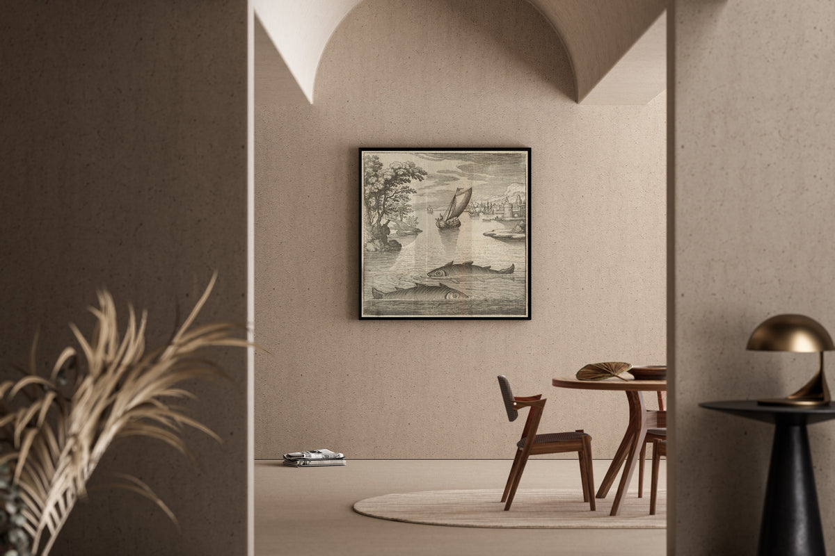 Framed art print of Lambsprinck, De Lapide Philosophico: Figure 1, the Two Fishes in the Sea by Matthäus Merian, in a sunlit dining corner