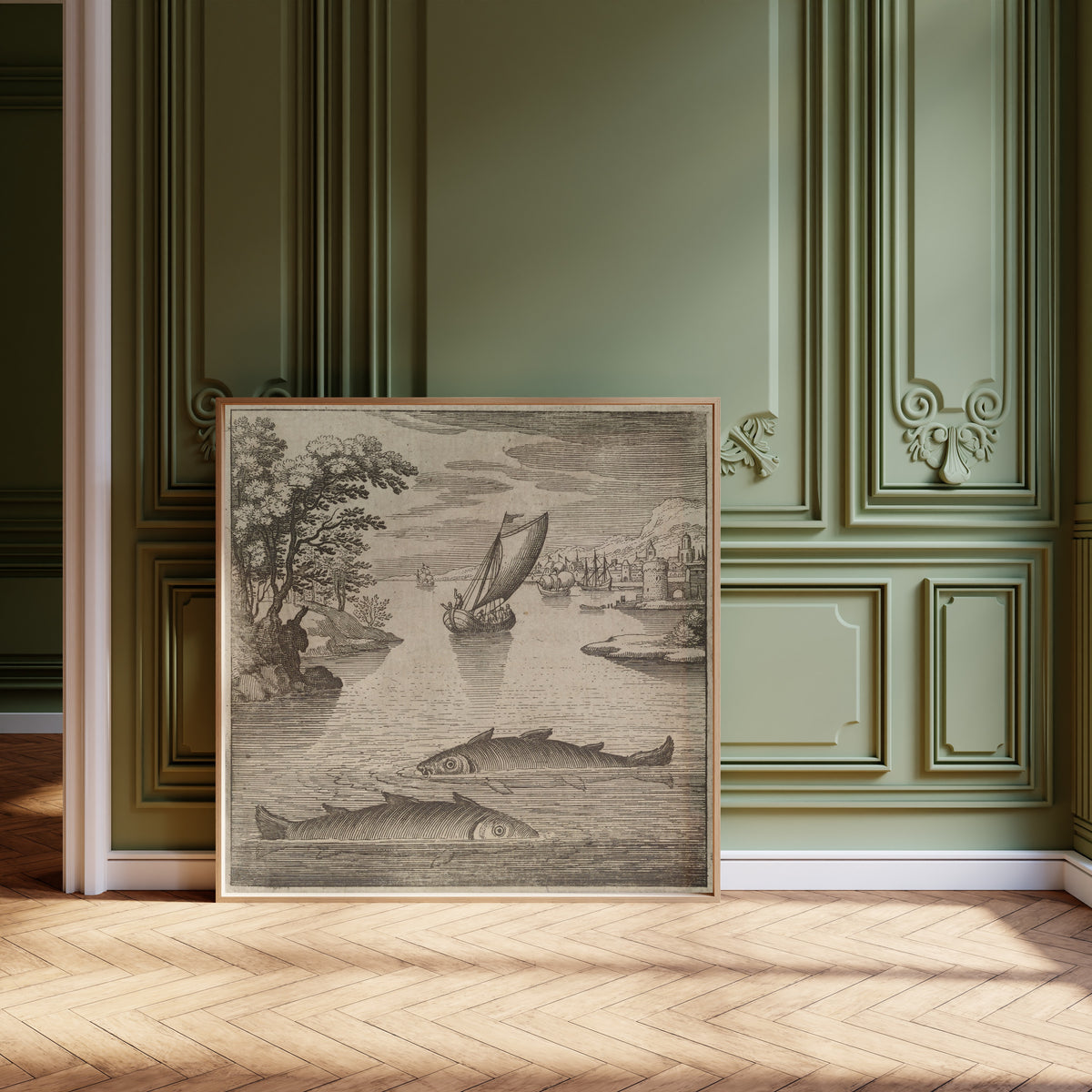 Framed art print of Lambsprinck, De Lapide Philosophico: Figure 1, the Two… by Matthäus Merian, leaning against olive-green panelling on a herringbone floor