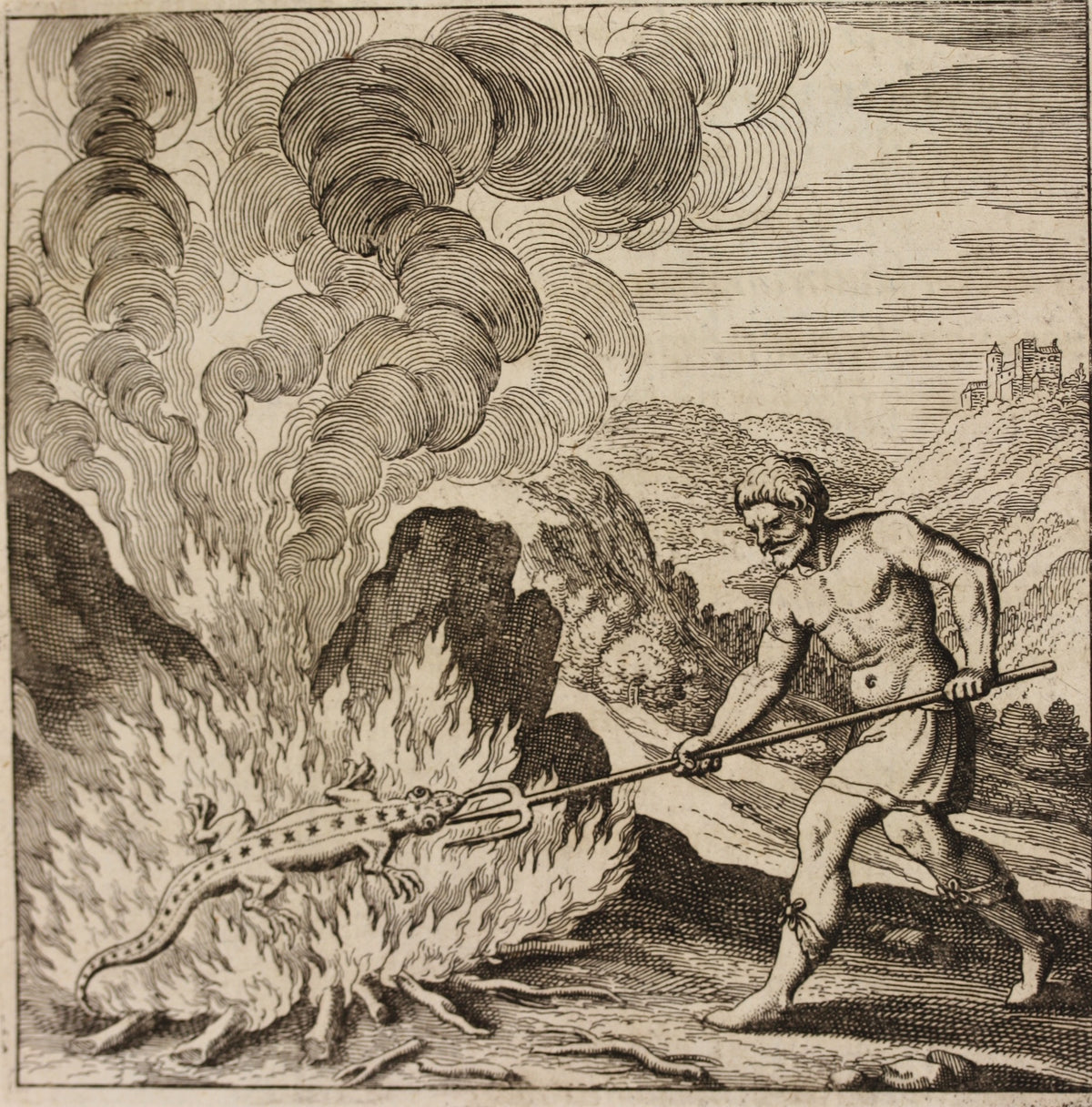 Lambsprinck, De Lapide Philosophico: Figure 10, the Salamander in the Fire by Matthäus Merian — A man spears a star-spotted salamander in a blazing fire