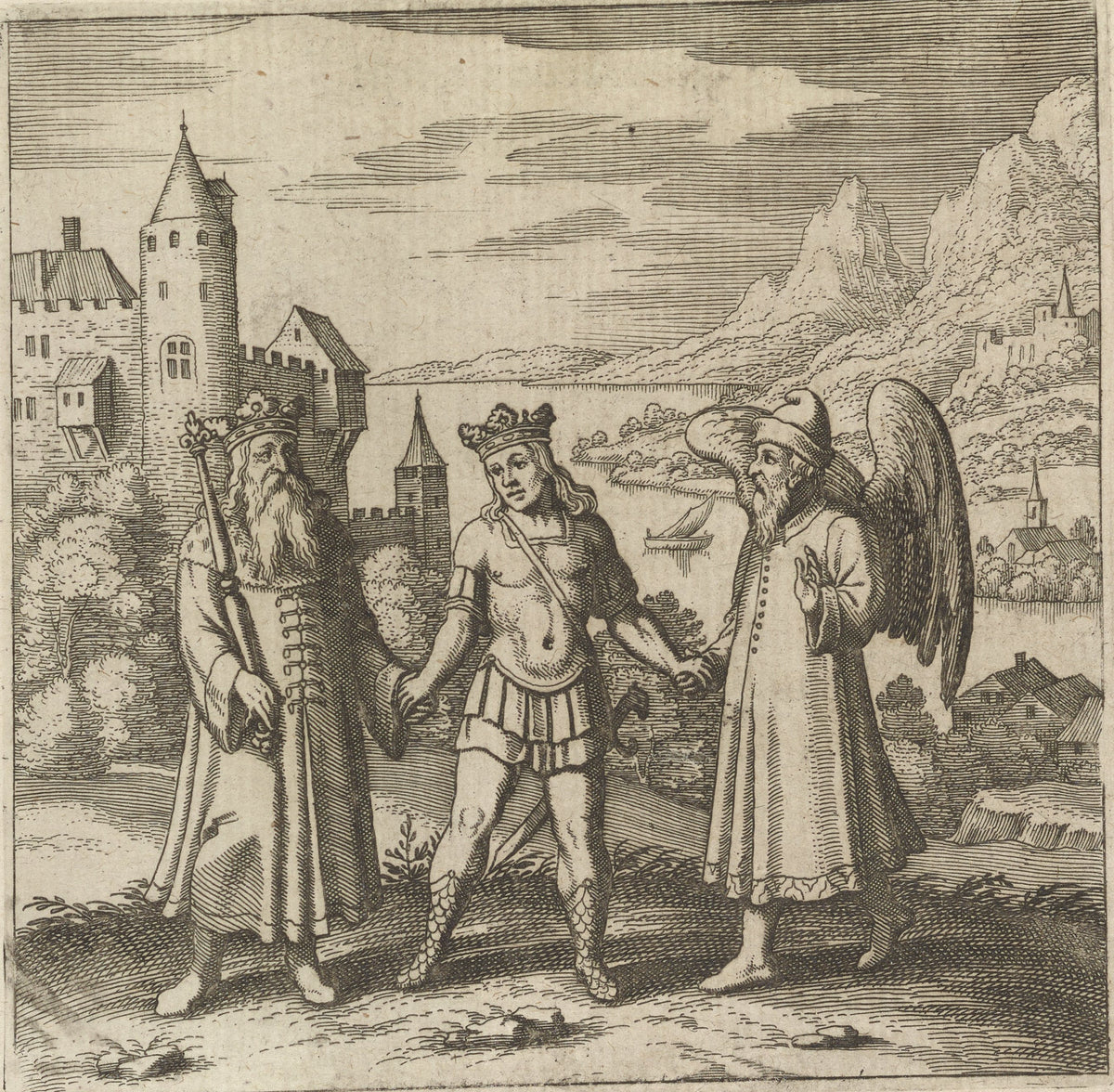 Lambsprinck, De Lapide Philosophico: Figure 11, the Three Figures Hand in Hand by Matthäus Merian — A crowned youth walks hand in hand with an old king and a