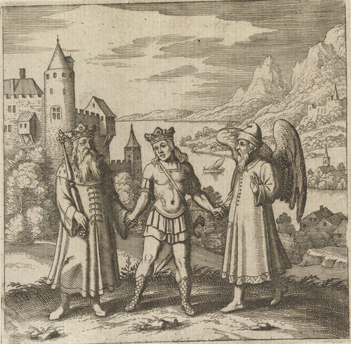 Lambsprinck, De Lapide Philosophico: Figure 11, the Three Figures Hand in Hand by Matthäus Merian — A crowned youth walks hand in hand with an old king and a
