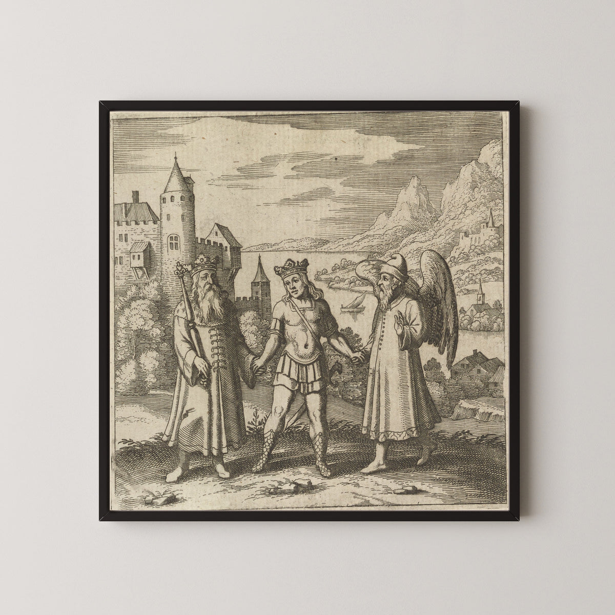 Framed art print of Lambsprinck, De Lapide Philosophico: Figure 11, the Three Figures Hand in Hand by Matthäus Merian, in a black frame on a pale wall