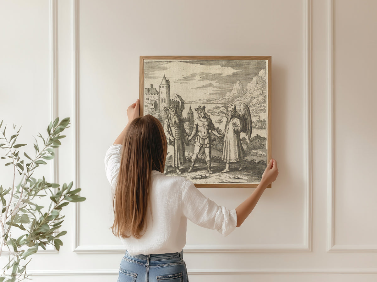 Framed art print of Lambsprinck, De Lapide Philosophico: Figure 11, the Three Figures Hand in Hand by Matthäus Merian, hung on a panelled wall