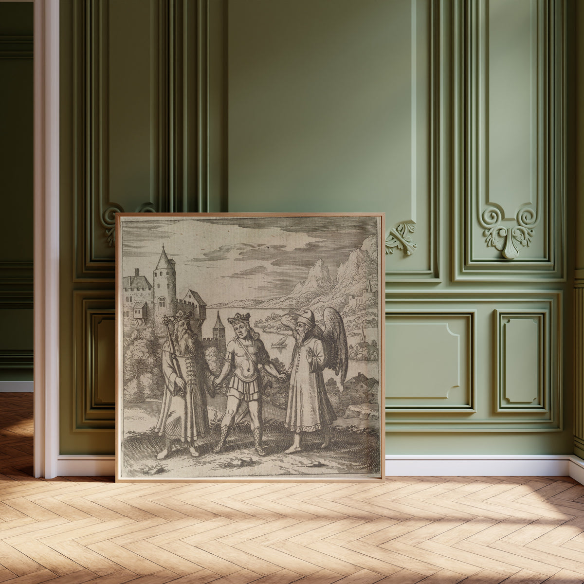 Framed art print of Lambsprinck, De Lapide Philosophico: Figure 11, the Three… by Matthäus Merian, leaning against olive-green panelling on a herringbone floor