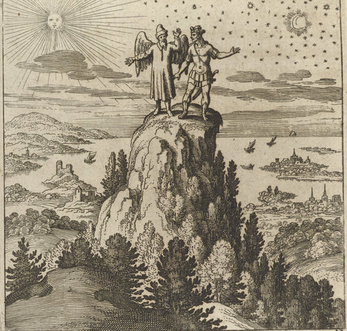 Lambsprinck, De Lapide Philosophico: Figure 12, the Mountain of India by Matthäus Merian — A winged guide and a young man survey the land from a high peak