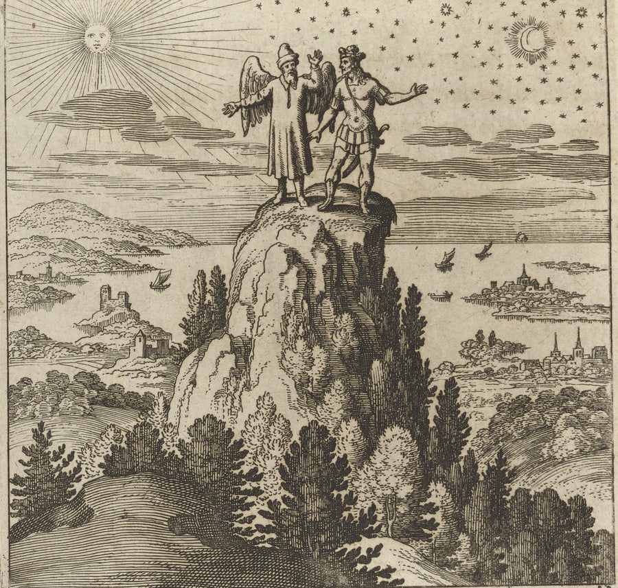 Matthäus Merian — Lambsprinck, De Lapide Philosophico: Figure 12, the Mountain of India | Alchemical Engraving Print shown to scale on a wall above a sofa