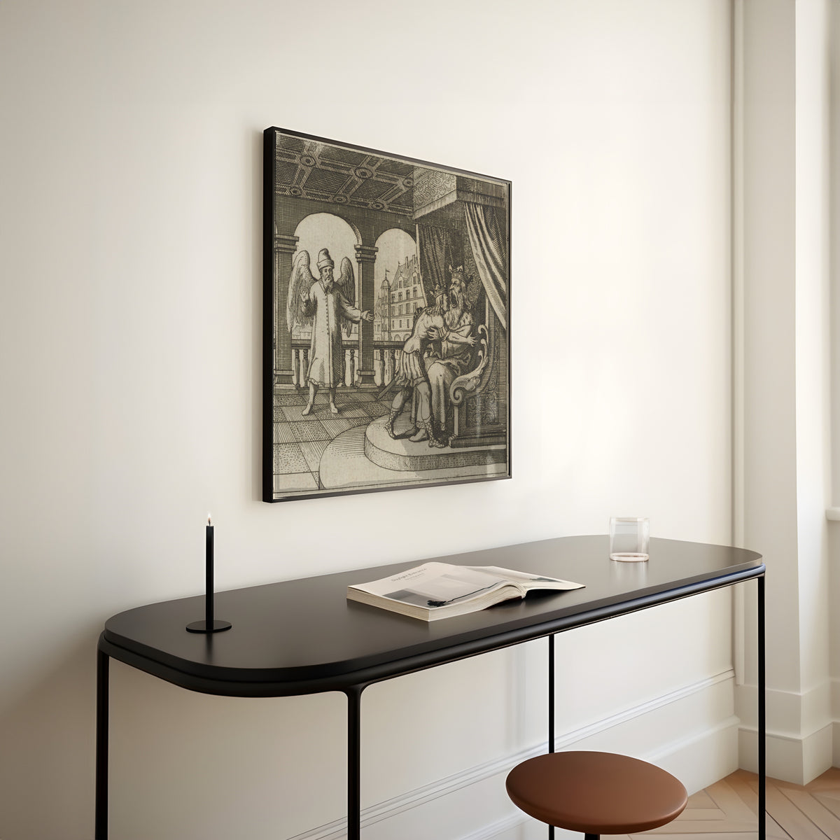 Framed art print of Lambsprinck, De Lapide Philosophico: Figure 13, the Father and the Son by Matthäus Merian, above a slim black console table