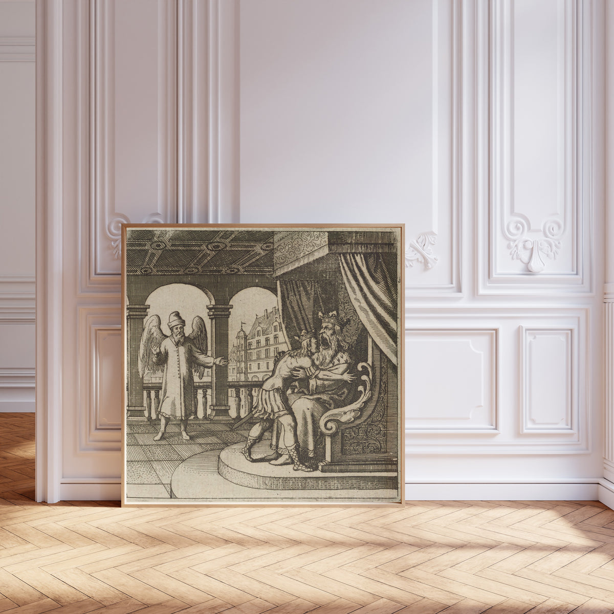 Framed art print of Lambsprinck, De Lapide Philosophico: Figure 13, the Father… by Matthäus Merian, leaning against pale pink panelling on a herringbone floor