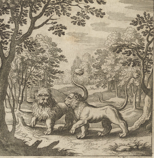 Lambsprinck, De Lapide Philosophico: Figure 4, the Lion and the Lioness by Matthäus Merian — Two lions meet on a forest path beneath arching trees