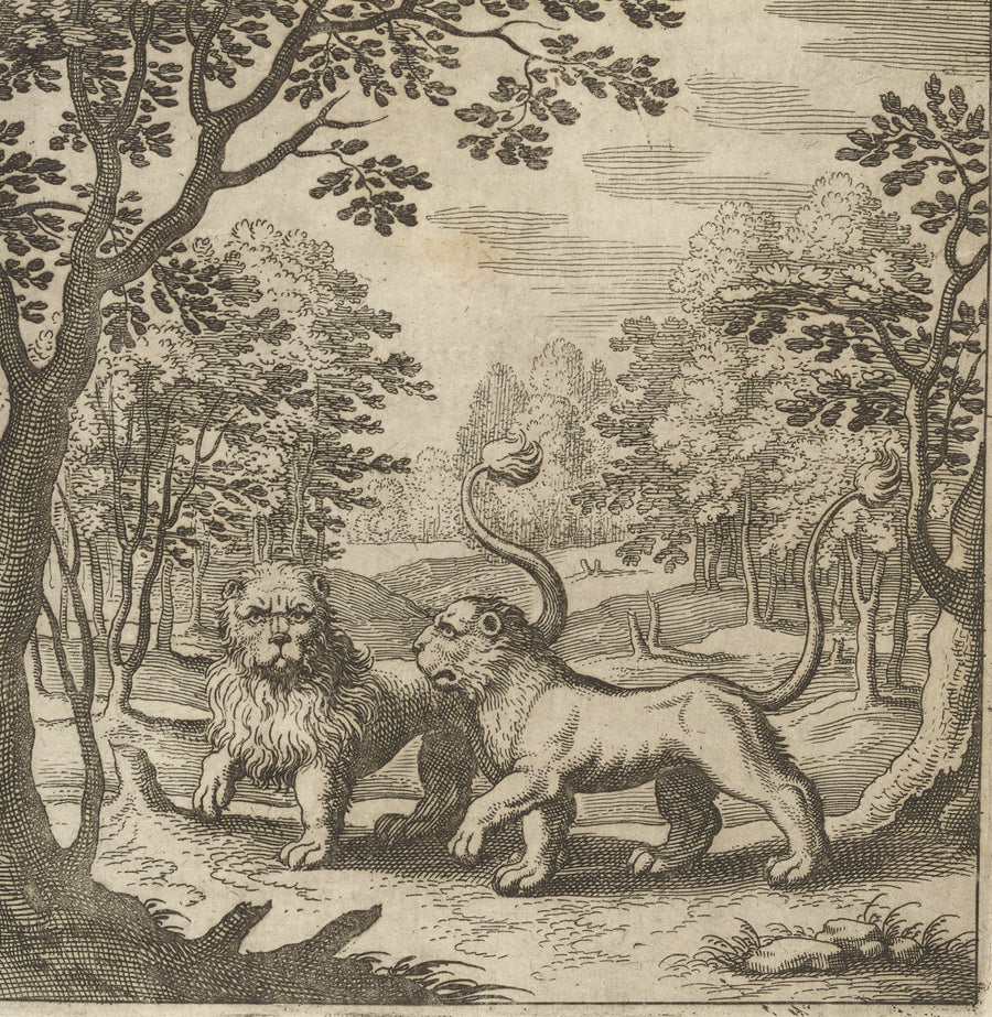 Matthäus Merian — Lambsprinck, De Lapide Philosophico: Figure 4, the Lion and the Lioness | Alchemical Engraving Print shown to scale on a wall above a sofa