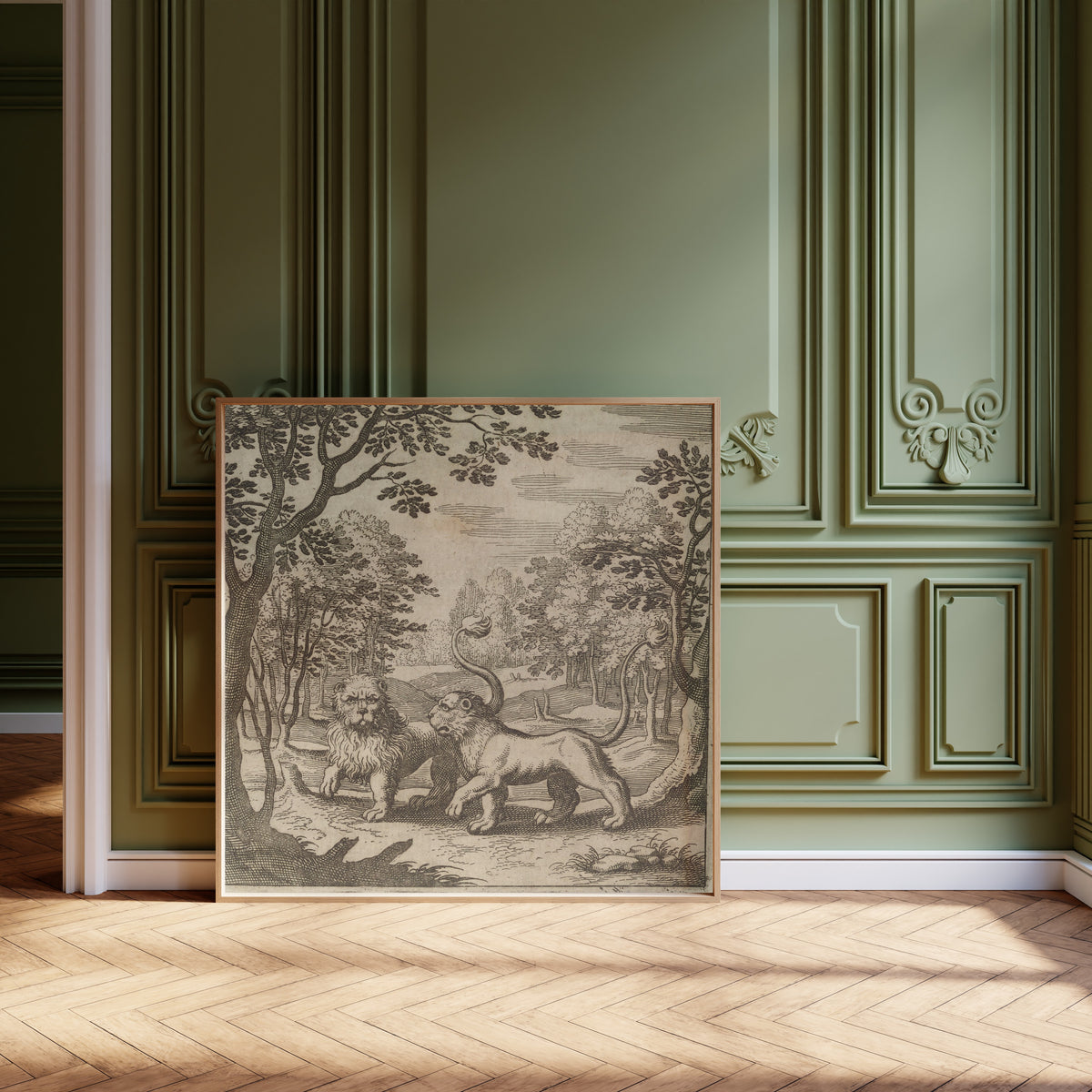 Framed art print of Lambsprinck, De Lapide Philosophico: Figure 4, the Lion… by Matthäus Merian, leaning against olive-green panelling on a herringbone floor