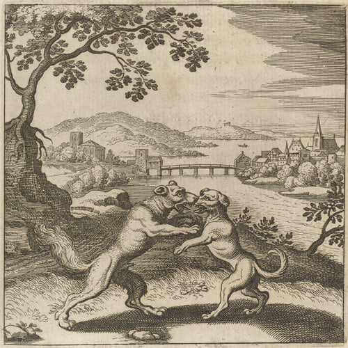 Lambsprinck, De Lapide Philosophico: Figure 5, the Wolf and the Dog by Matthäus Merian — A wolf and a dog rear up and grapple jaw to jaw by a river