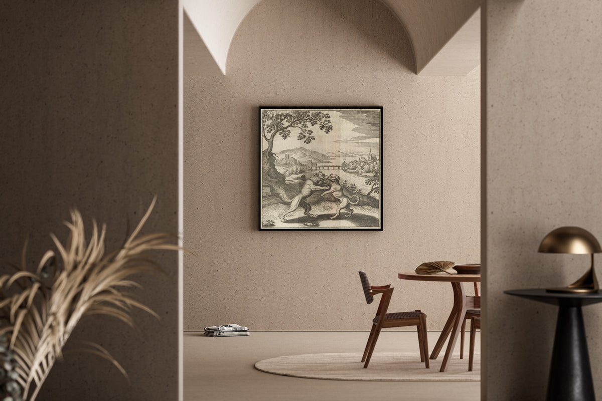 Framed art print of Lambsprinck, De Lapide Philosophico: Figure 5, the Wolf and the Dog by Matthäus Merian, in a sunlit dining corner