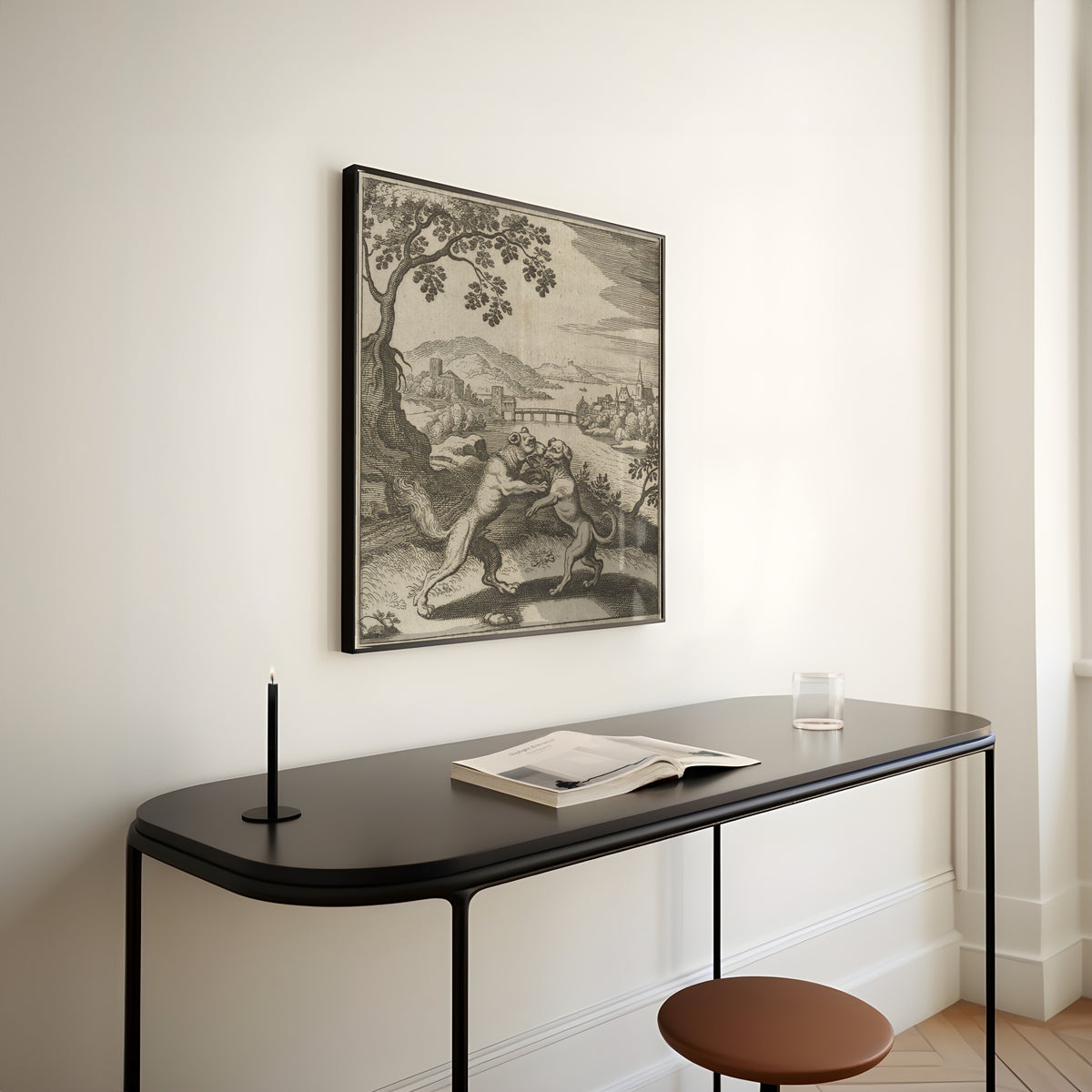 Framed art print of Lambsprinck, De Lapide Philosophico: Figure 5, the Wolf and the Dog by Matthäus Merian, above a slim black console table