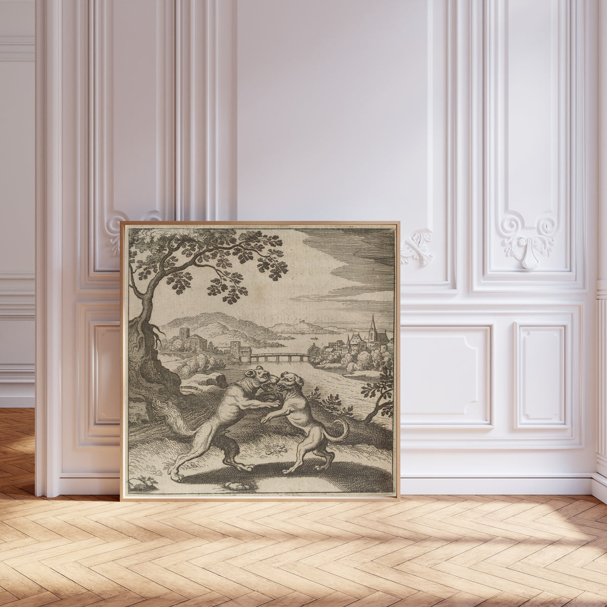 Framed art print of Lambsprinck, De Lapide Philosophico: Figure 5, the Wolf and… by Matthäus Merian, leaning against pale pink panelling on a herringbone floor