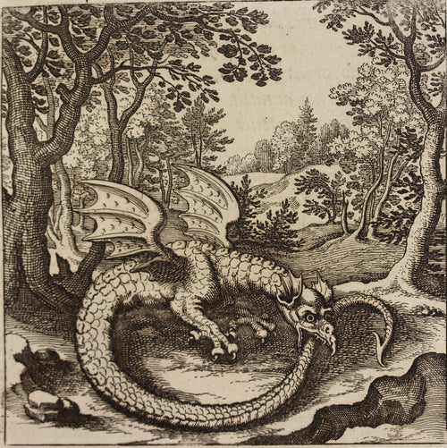 Lambsprinck, De Lapide Philosophico: Figure 6, the Dragon Biting Its Tail by Matthäus Merian — A winged dragon coils to bite its own tail in a forest clearing