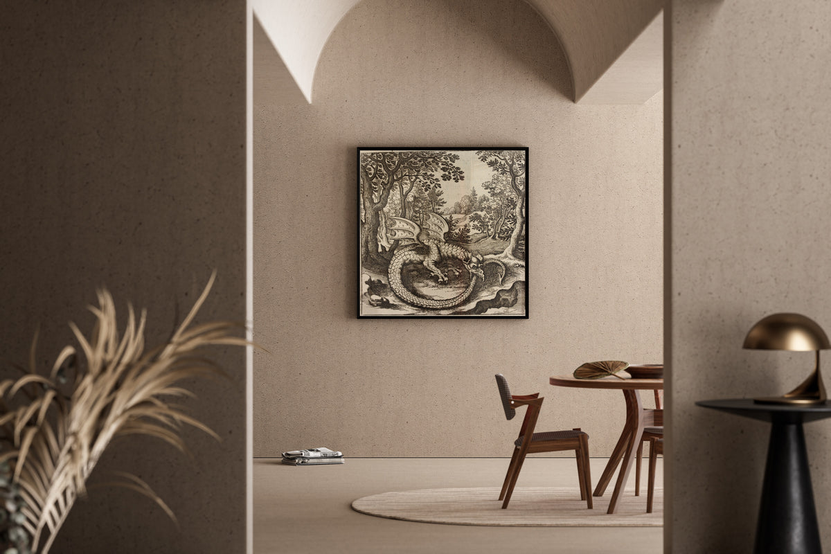 Framed art print of Lambsprinck, De Lapide Philosophico: Figure 6, the Dragon Biting Its Tail by Matthäus Merian, in a sunlit dining corner
