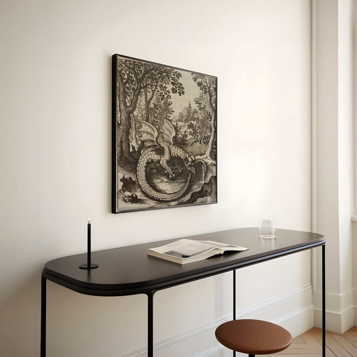 Framed art print of Lambsprinck, De Lapide Philosophico: Figure 6, the Dragon Biting Its Tail by Matthäus Merian, above a slim black console table