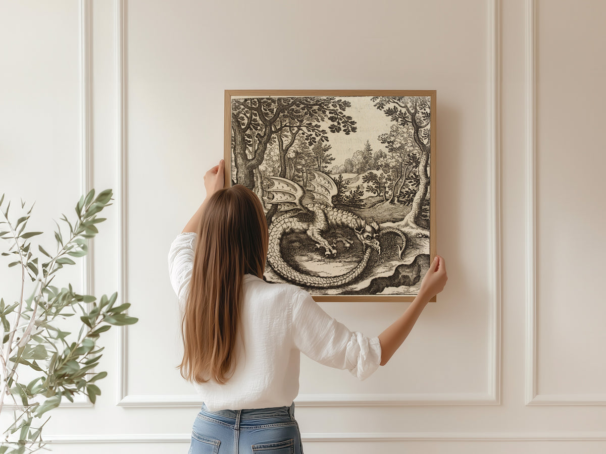 Framed art print of Lambsprinck, De Lapide Philosophico: Figure 6, the Dragon Biting Its Tail by Matthäus Merian, hung on a panelled wall
