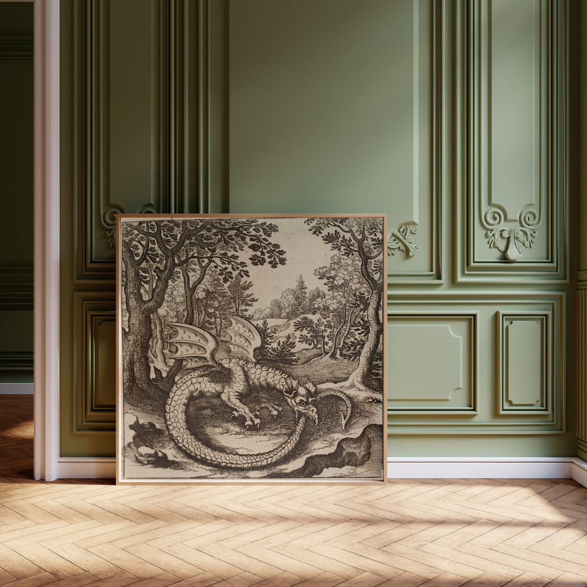 Framed art print of Lambsprinck, De Lapide Philosophico: Figure 6, the Dragon… by Matthäus Merian, leaning against olive-green panelling on a herringbone floor