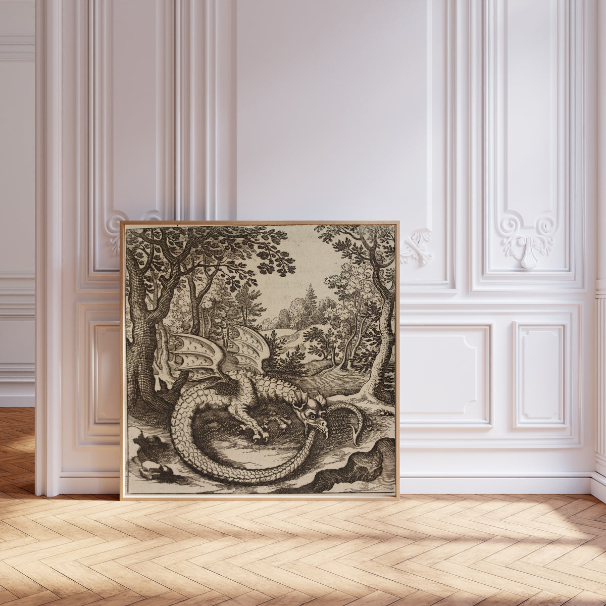 Framed art print of Lambsprinck, De Lapide Philosophico: Figure 6, the Dragon… by Matthäus Merian, leaning against pale pink panelling on a herringbone floor