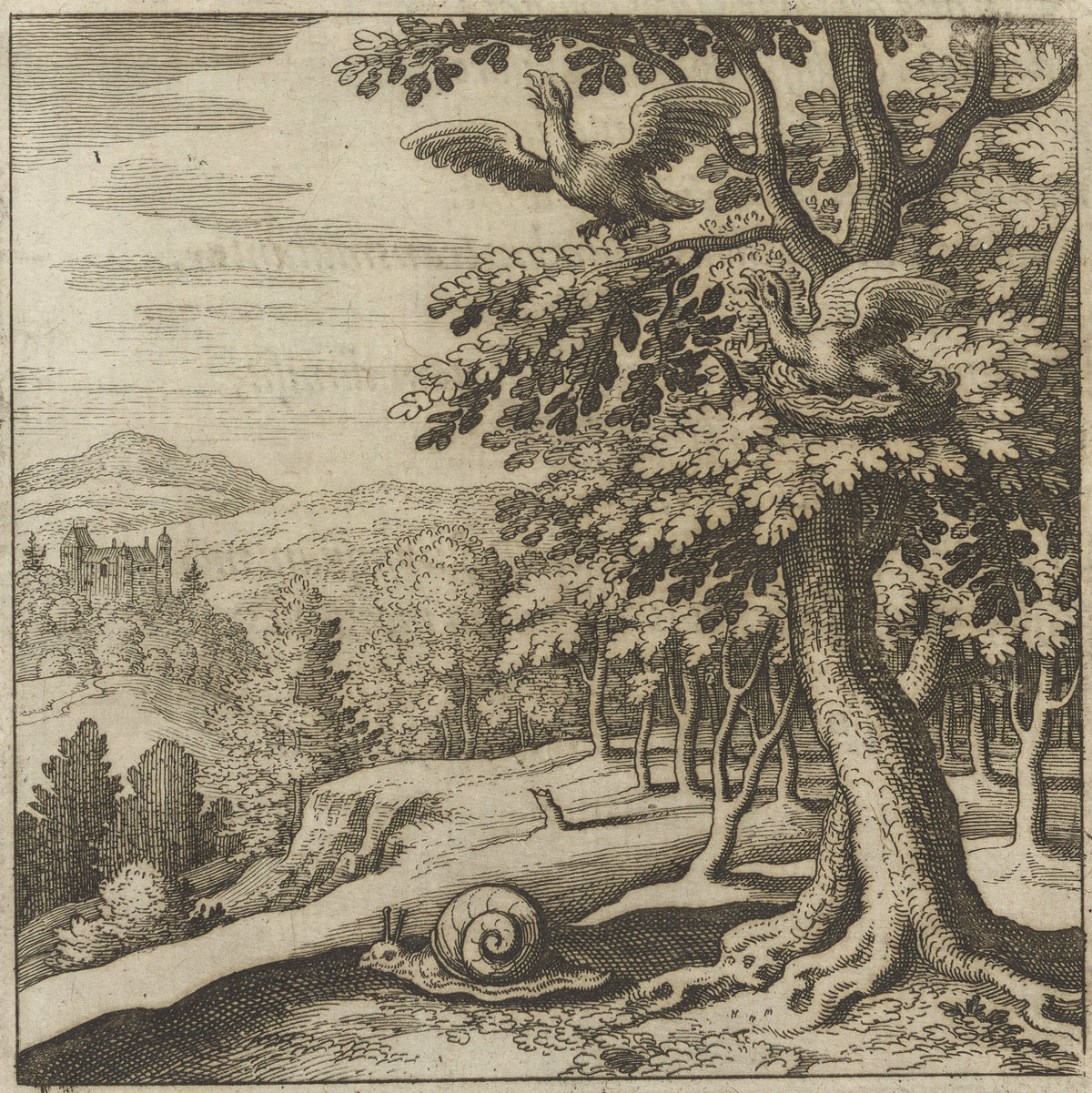 Lambsprinck, De Lapide Philosophico: Figure 7, the Birds in the Tree and the Snail by Matthäus Merian — Two birds call from an oak while a snail crawls among