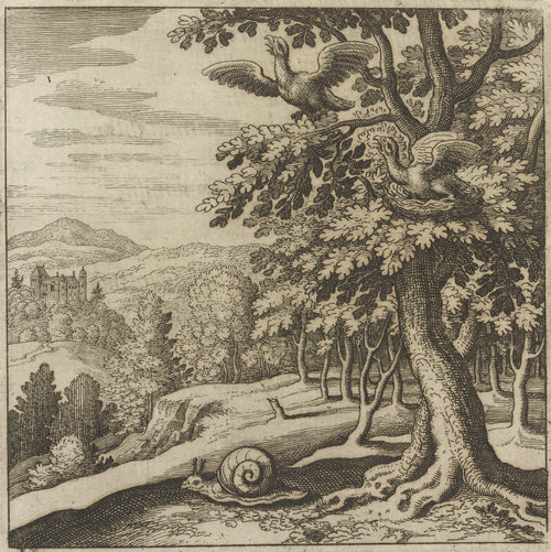 Lambsprinck, De Lapide Philosophico: Figure 7, the Birds in the Tree and the Snail by Matthäus Merian — Two birds call from an oak while a snail crawls among