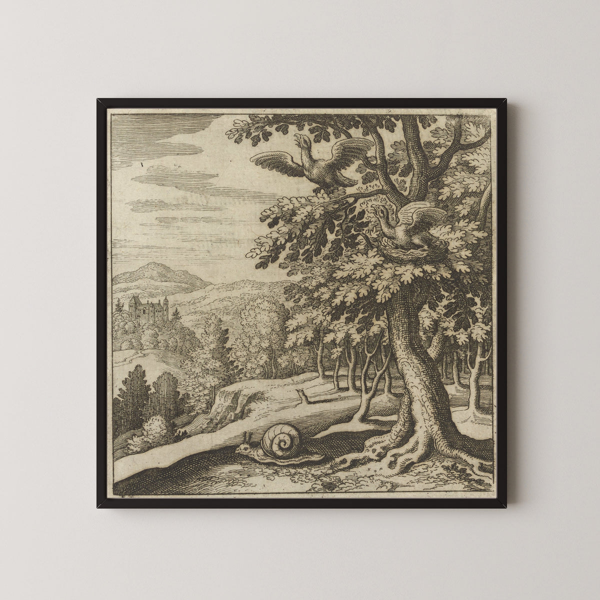 Framed art print of Lambsprinck, De Lapide Philosophico: Figure 7, the Birds in the Tree and the Snail by Matthäus Merian, in a black frame on a pale wall