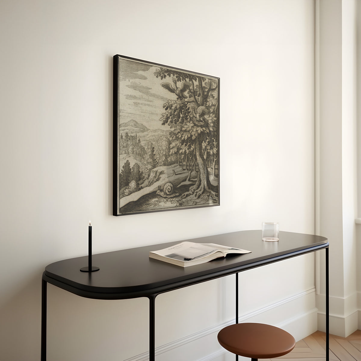 Framed art print of Lambsprinck, De Lapide Philosophico: Figure 7, the Birds in the Tree and the Snail by Matthäus Merian, above a slim black console table
