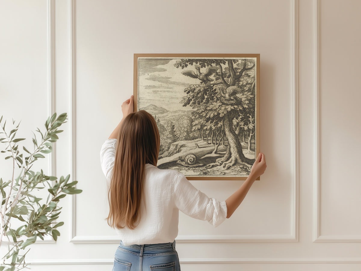 Framed art print of Lambsprinck, De Lapide Philosophico: Figure 7, the Birds in the Tree and the Snail by Matthäus Merian, hung on a panelled wall
