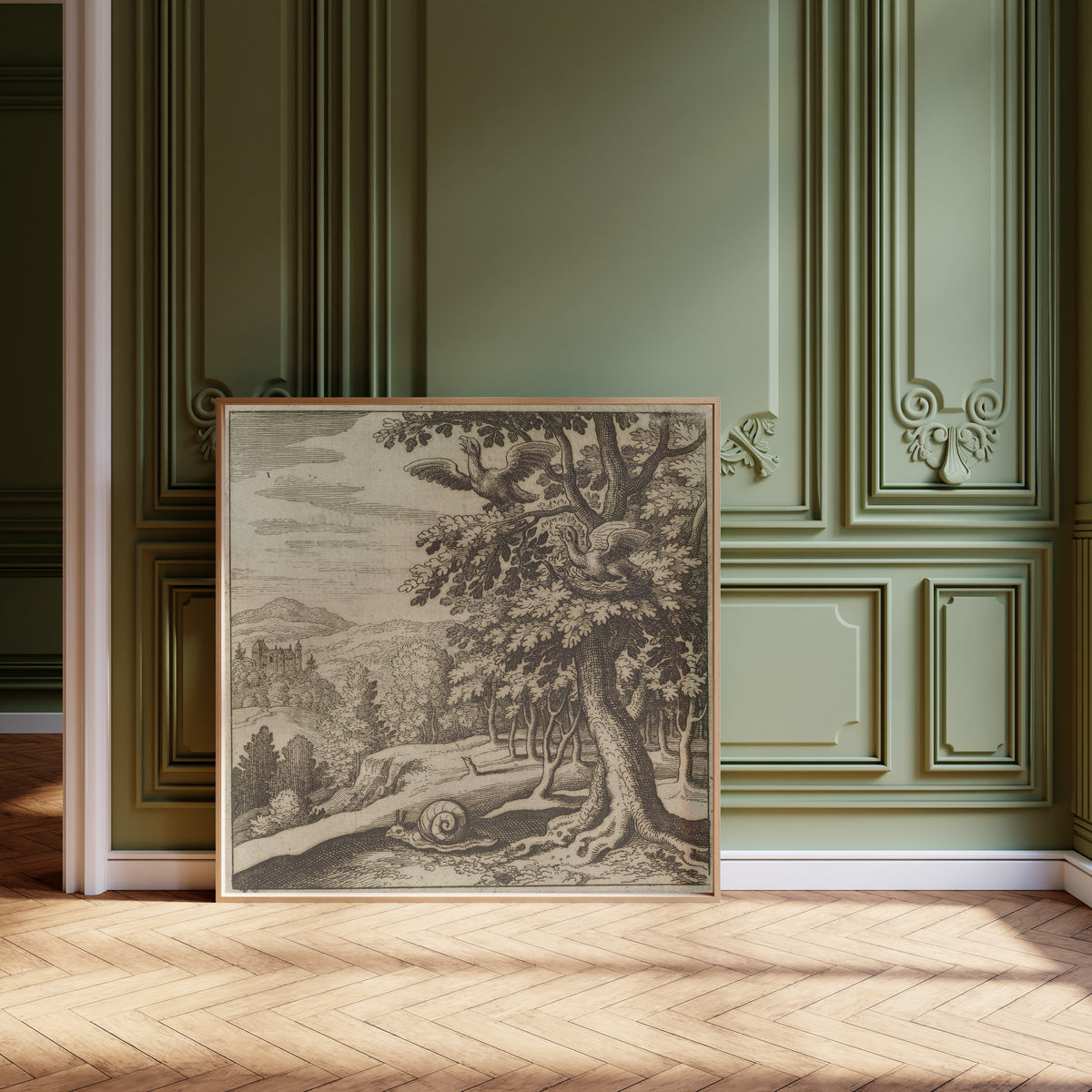 Framed art print of Lambsprinck, De Lapide Philosophico: Figure 7, the Birds… by Matthäus Merian, leaning against olive-green panelling on a herringbone floor