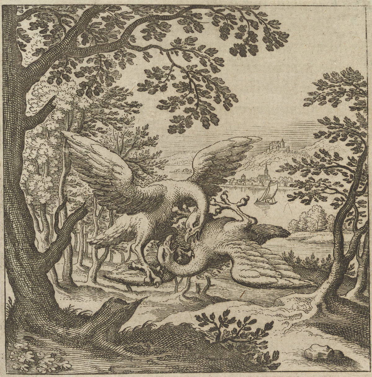 Lambsprinck, De Lapide Philosophico: Figure 8, the Two Birds in Combat by Matthäus Merian — Two great birds lock beaks in a struggle beneath spreading trees