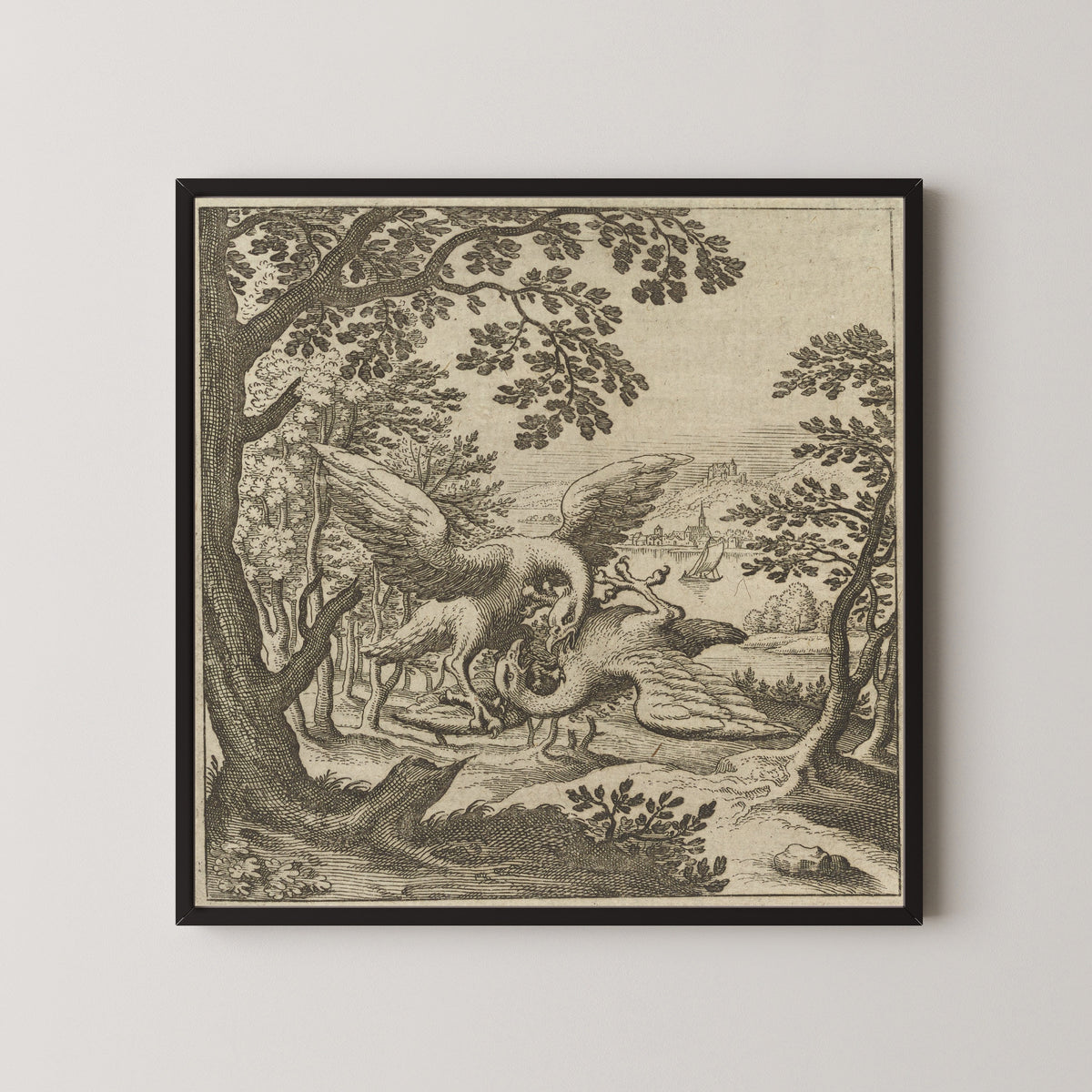 Framed art print of Lambsprinck, De Lapide Philosophico: Figure 8, the Two Birds in Combat by Matthäus Merian, in a black frame on a pale wall