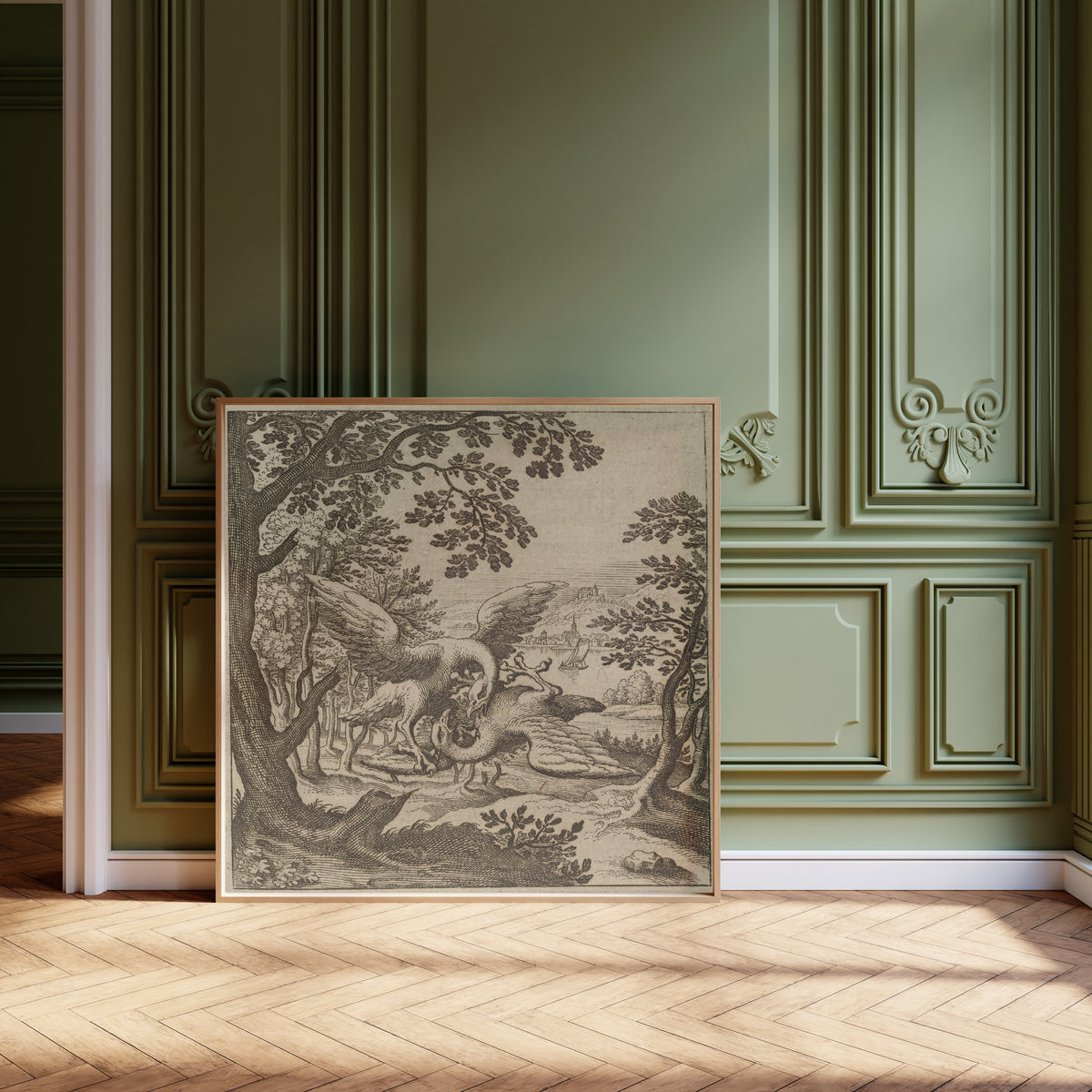 Framed art print of Lambsprinck, De Lapide Philosophico: Figure 8, the Two… by Matthäus Merian, leaning against olive-green panelling on a herringbone floor
