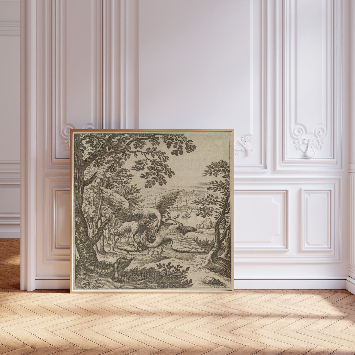 Framed art print of Lambsprinck, De Lapide Philosophico: Figure 8, the Two… by Matthäus Merian, leaning against pale pink panelling on a herringbone floor