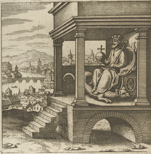 Lambsprinck, De Lapide Philosophico: Figure 9, the King Enthroned by Matthäus Merian — A crowned king sits with orb and sceptre above a riverside town