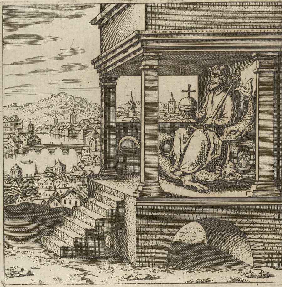 Matthäus Merian — Lambsprinck, De Lapide Philosophico: Figure 9, the King Enthroned | Alchemical Engraving Print shown to scale on a wall above a sofa