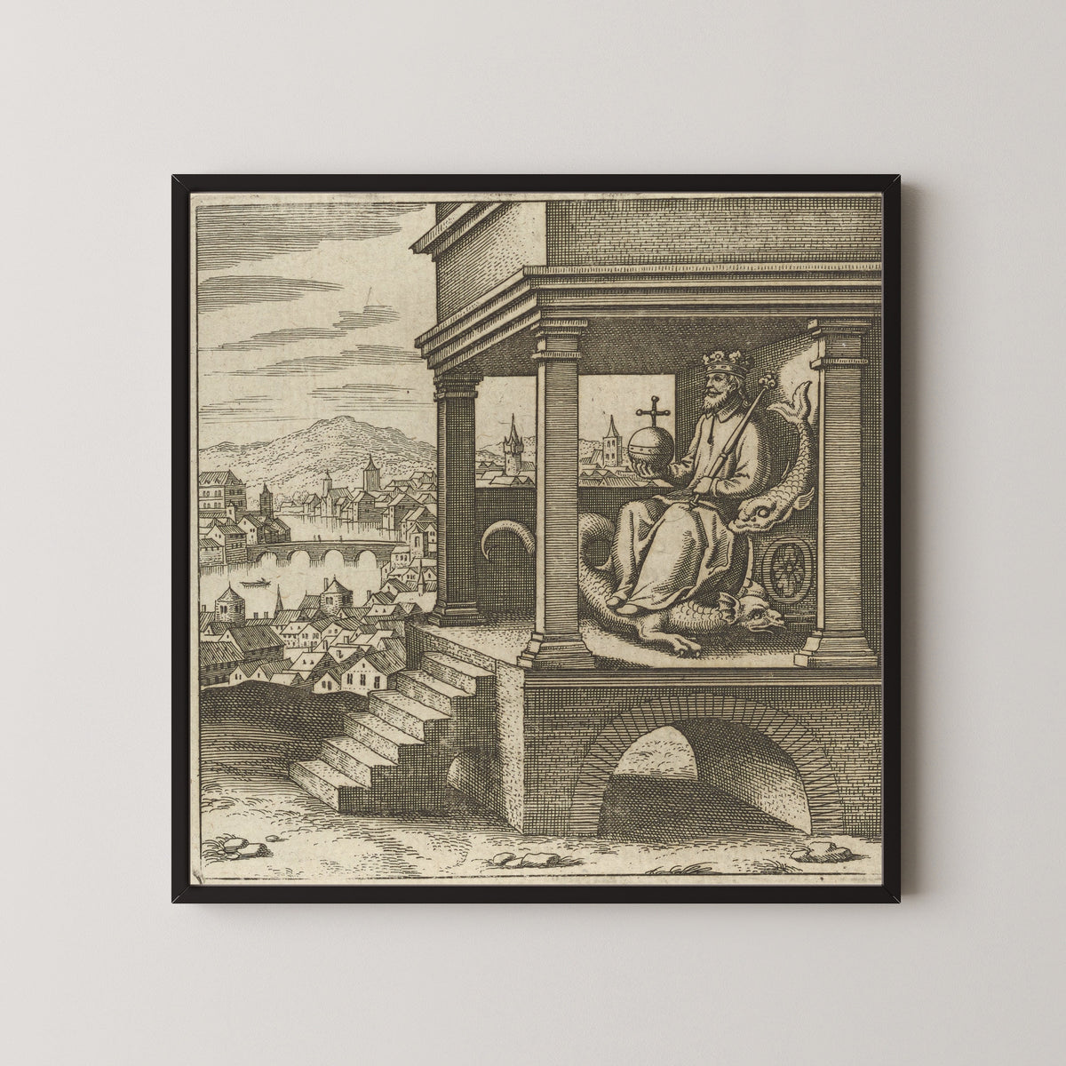 Framed art print of Lambsprinck, De Lapide Philosophico: Figure 9, the King Enthroned by Matthäus Merian, in a black frame on a pale wall