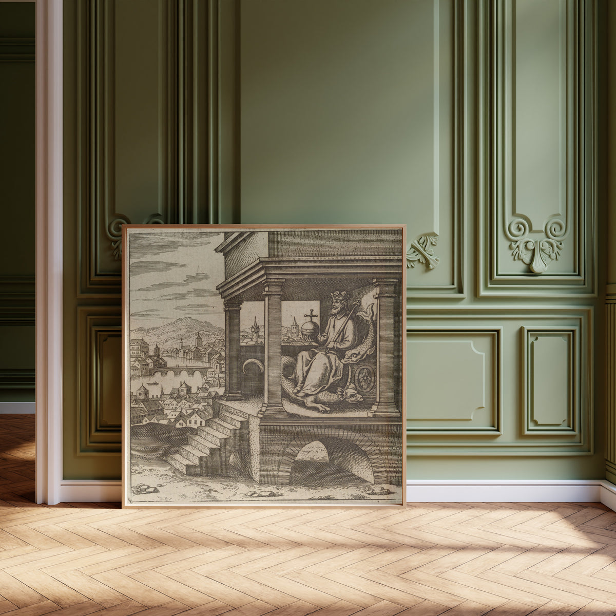Framed art print of Lambsprinck, De Lapide Philosophico: Figure 9, the King… by Matthäus Merian, leaning against olive-green panelling on a herringbone floor