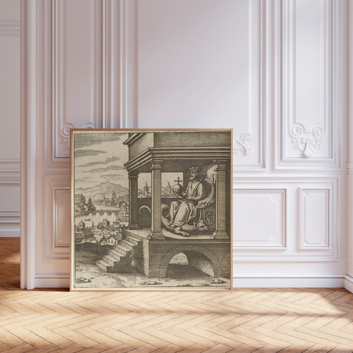 Framed art print of Lambsprinck, De Lapide Philosophico: Figure 9, the King… by Matthäus Merian, leaning against pale pink panelling on a herringbone floor