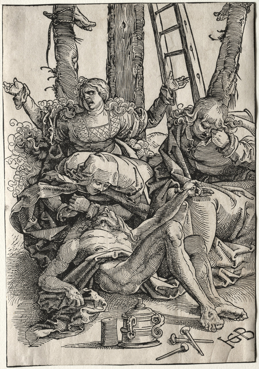 Hans Baldung Grien — Lamentation | Woodcut Print shown to scale on a wall above a sofa