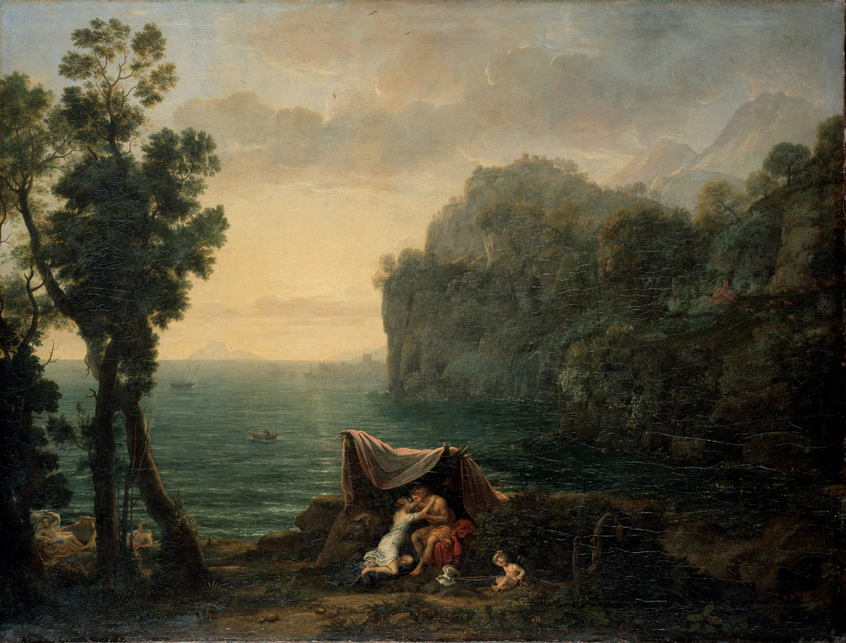 Landscape with Acis and Galatea by Claude Lorrain — Lovers under a pink drape beside a cliff-ringed bay