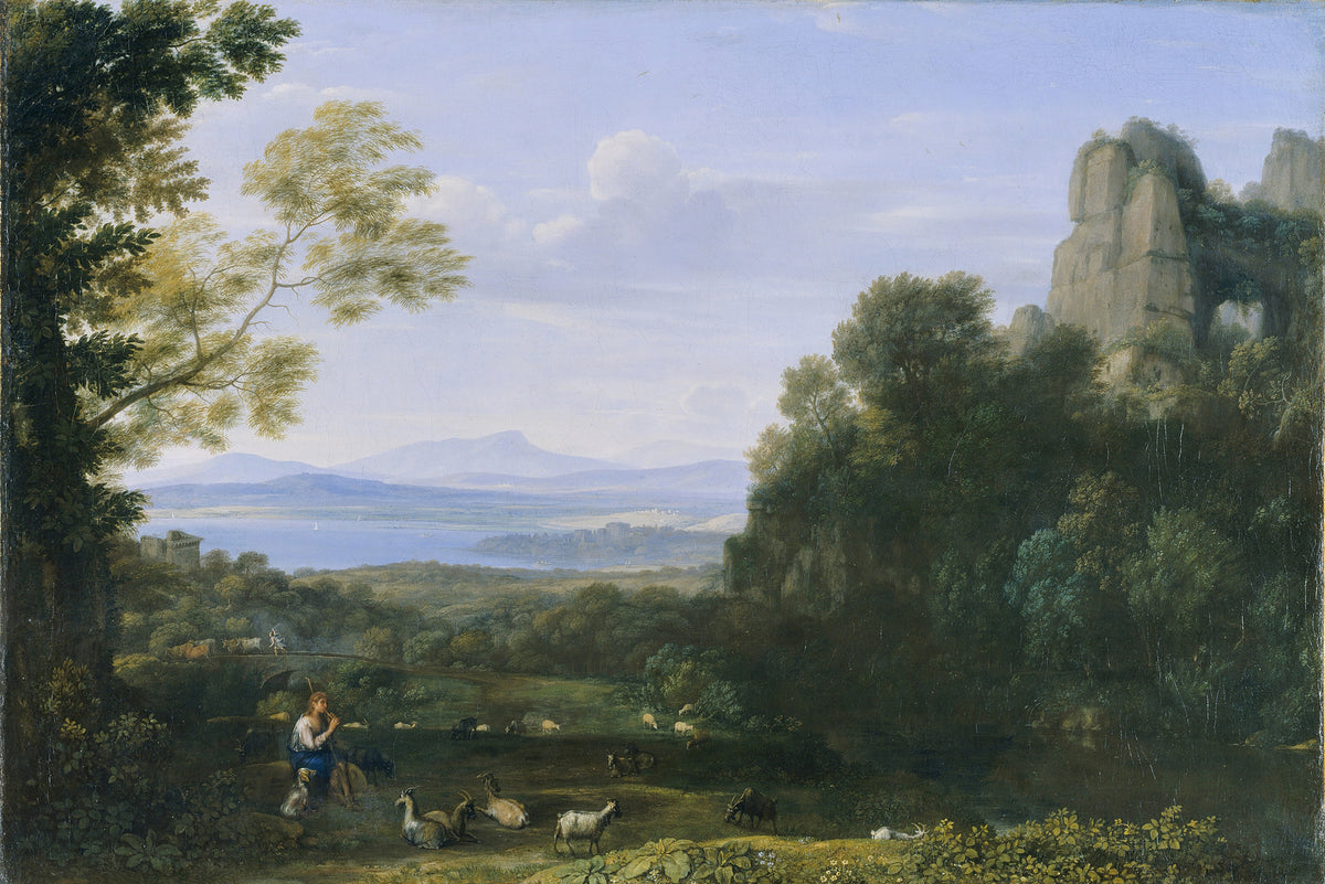 Landscape with Apollo and Mercury by Claude Lorrain — A piper among goats above a wide blue lake and distant mountains
