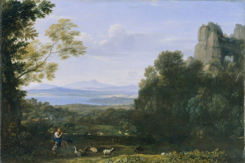 Landscape with Apollo and Mercury by Claude Lorrain — A piper among goats above a wide blue lake and distant mountains