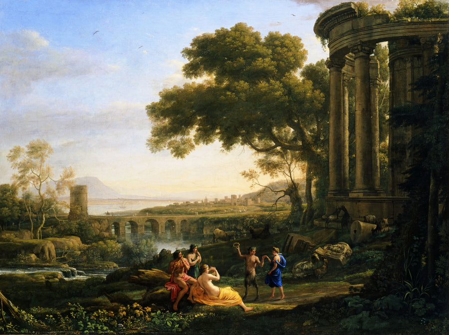 Claude Lorrain — Landscape with Nymph and Satyr Dancing | Fine Art Print shown to scale on a wall above a sofa