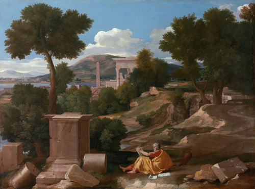 Landscape with Saint John on Patmos by Nicolas Poussin — An old man writes among broken columns above a bay with an obelisk